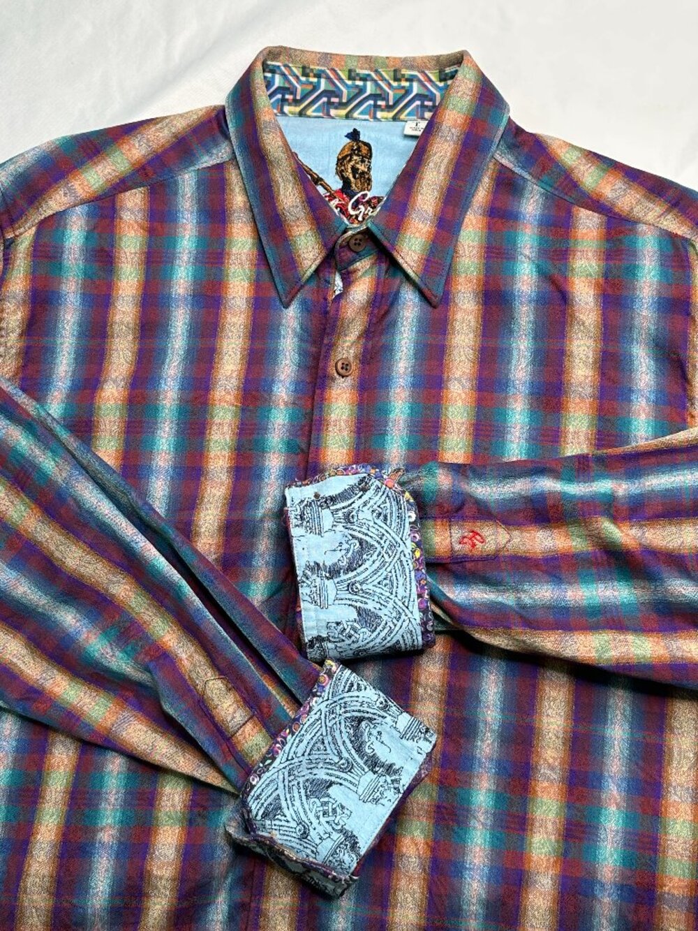 Robert Graham Shirt Mens L Button Down Flip Cuff Long sleeve Purple Blue Orange